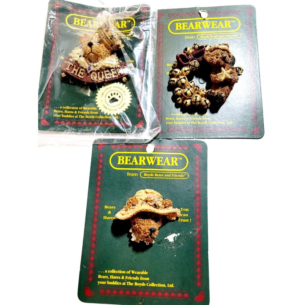 Boyds Bears Bearwear Set Of 3 Brooches the Queen, Christmas Wreath, Straw Hat